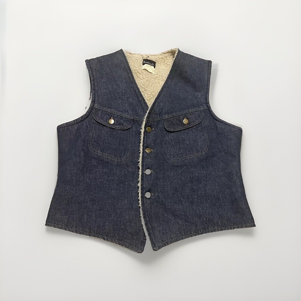 Vintage Ramsgate Denim Vest Mens L Sherpa 80s Western Wear Cowboy Button‎ Front